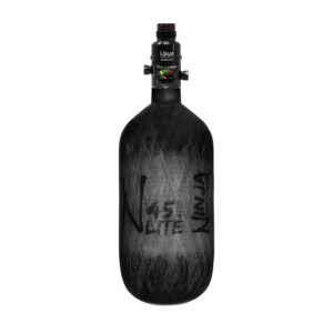 Heavy-duty paintball air tank with Ninja paintball branding, high-pressure capacity, durable construction, and professional-grade performance for competitive paintball games.