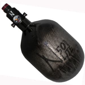 High-pressure paintball air tank with a pressure gauge for enhanced gameplay performance.