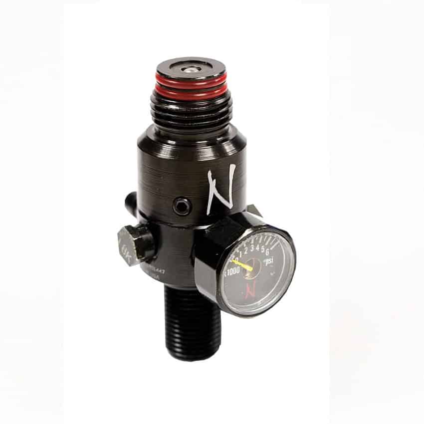 Kevlar air tank regulator for paintball guns with pressure gauge and safety features for premium paintball equipment.
