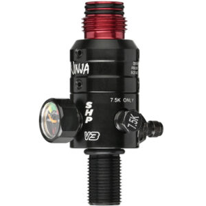Black Ninja paintball regulator with pressure gauge, adjustable settings, and durable construction for high-performance paintball gameplay.