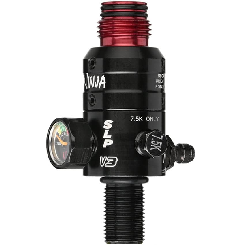 High-quality Ninja SL-P V3 paintball regulator with gauge, quick disconnect, and durable construction for professional paintball gameplay.