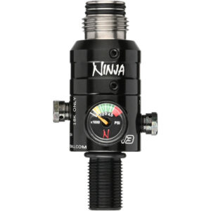 High-quality Ninja paintball regulator with pressure gauge, ideal for premium paintball gameplay and equipment setups.