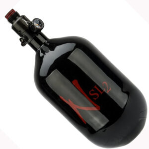 Black paintball compressed air tank with regulator for paintball guns.