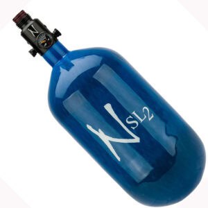 Blue paintball air tank with pressure gauge and regulator for paintball game gear.