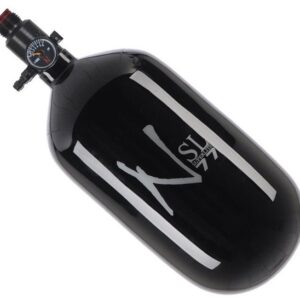 Black KSD Super Speed 77 paintball tank with pressure gauge for paintball gameplay. Designed for high performance, durability, and safety in paintball sports. Perfect for serious paintball enthusiasts.