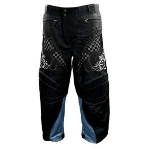 Black and blue paintball tactical pants with durable fabric, zipped pockets, and padded knee areas for enhanced protection during gameplay. Perfect for paintball enthusiasts seeking high-quality gear.