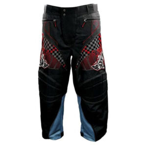 Battle paintball pants with padded knees, red and black geometric design, for durable paintball sports.