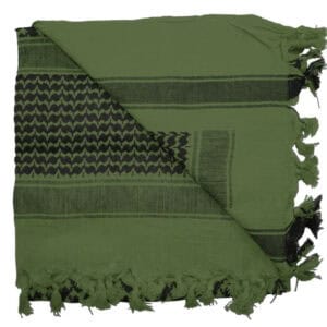 Soft green tactical scarf with black decorative patterns, perfect for paintball gameplay and outdoor activities, made from lightweight, breathable fabric.