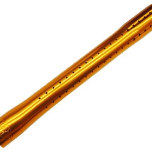 Aluminum paintball barrel in metallic gold finish for improved accuracy and speed; compatible with various paintball guns for pro-level gameplay.