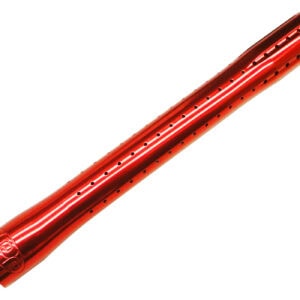 Bright red aluminum paintball barrel with black accents for high-performance paintball gun upgrade.