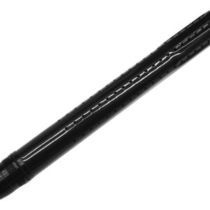Heavy-duty black paintball barrel with precision airflow perforations, compatible with high-performance paintball markers for accurate shooting.