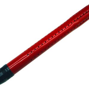 Bright red paintball barrel with black ventilation holes and a black threaded end, designed for high performance in paintball games.