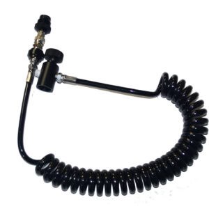 Black coiled paintball hose with metal fittings for air transfer and paintball marker connection. Perfect for paintball equipment setups. Durable and flexible design for reliable performance.