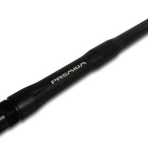 Black paintball barrel with ventilation holes for enhanced accuracy and performance. Designed for professional paintball game use and compatible with various paintball markers. Durable construction.