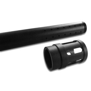 Black paintball suppressor and barrel extension for enhanced performance and stealth in paintball games.