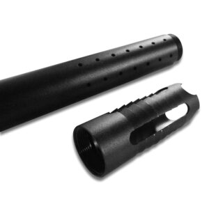 Black paintball silencer and barrel extension for enhanced stealth and performance. durable construction for professional paintball gameplay. compatible with various paintball markers.