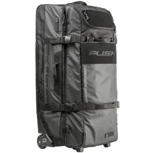 Durable black paintball gear bag with wheels and multiple compartments for storage.