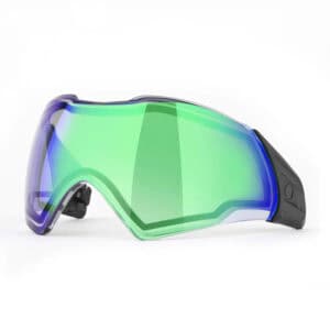 Reflective green and blue paintball goggles with black strap, providing protection and enhanced visibility for paintball players. Designed for comfort and safety during intense game scenarios.