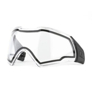 Clear protective paintball goggles with anti-fog lens for optimal visibility during gameplay. Lightweight and durable, designed for safety and comfort in competitive paintball sports.