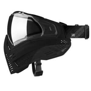 Black paintball mask with tinted lens and adjustable strap for high-performance gameplay. Premium quality gear for paintball enthusiasts.