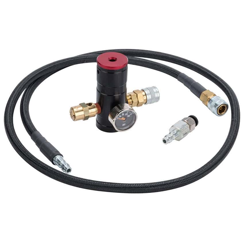 High-pressure paintball air regulator with hoses for reliable compressed air supply. Ideal for paintball markers and equipment customization. Premium quality for consistent performance.