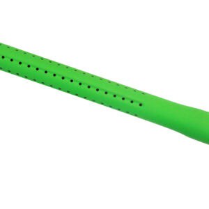 Bright green paintball barrel cover with perforations for protection and visibility for paintball gun accessories.