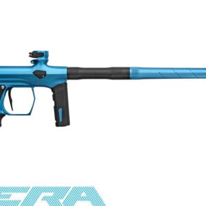 Blue paintball marker with a long barrel, professional-grade design, and ergonomic grip for precision shooting at premium paintball competitions.