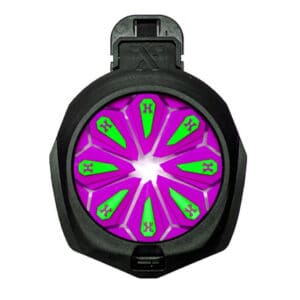 Glow-in-the-dark paintball loader with fluorescent purple and green design for enhanced visibility; perfect for competitive paintball games.