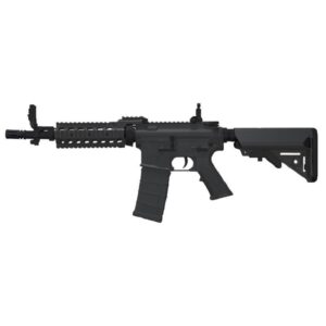 M4-style airsoft gun with adjustable stock and tactical rail, ideal for paintball and airsoft sports.