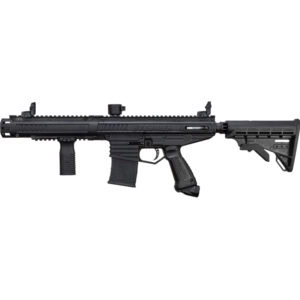 M4-style paintball marker, tactical design, black finish for competitive paintball games and outdoor sports. Durable and high-performance paintball gun from Premium Paintball Products.