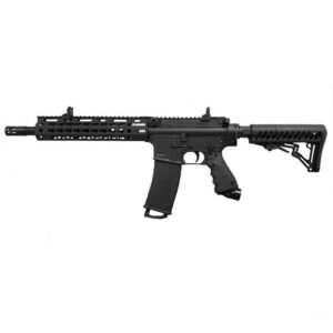 Black tactical paintball marker with adjustable stock and ergonomic grip for premium paintball gameplay, made with durable materials for professional and recreational players.