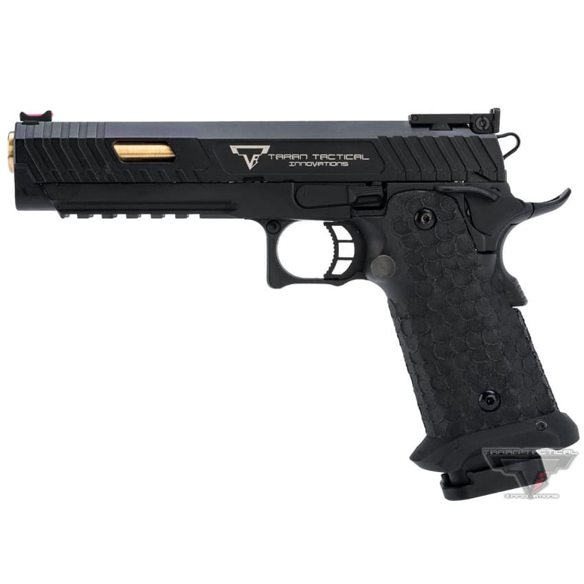 Black tactical paintball pistol with gold accents, designed for premium paintball products and accessories.