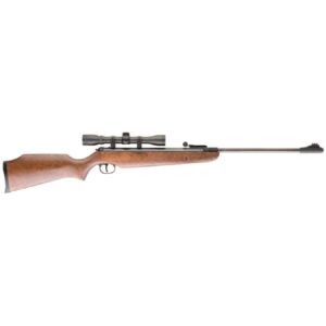 Bolt-action air rifle with scope for outdoor shooting or hunting, premium paintball products, durable wooden stock, precision barrel, and ergonomic design.
