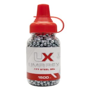 /.177 steel BBs for paintball guns, shot in a transparent container with a red cap, from Premium Paintball Products, ideal for high-performance paintball gameplay and ammunition supplies./.