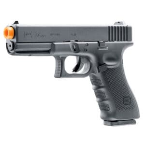 Glock 17 Gen 4 handgun with gray finish and orange barrel tip, ideal for airsoft or paintball shooting sports.