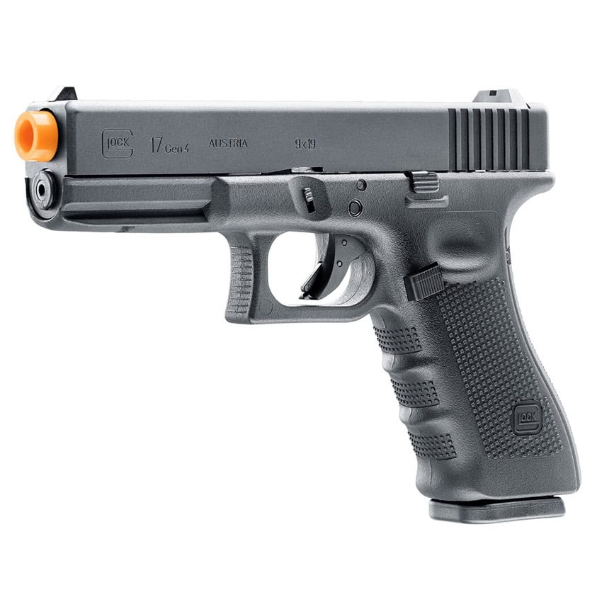 Glock 17 Gen 4 handgun with gray finish and orange barrel tip, ideal for airsoft or paintball shooting sports.