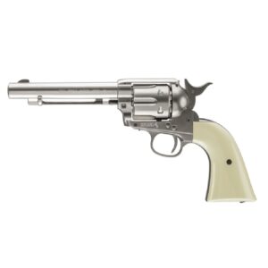 Chrome-plated revolver with ivory-colored grip, ideal for premium paintball gameplay and accessories, high-quality paintball equipment, authentic design, and durability.