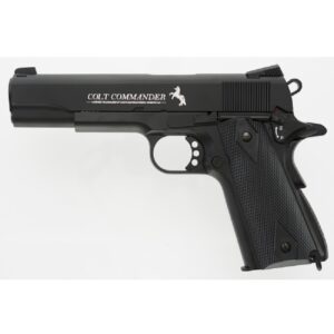 COLT COMMANDER black airsoft pistol with tactical grip and safety switch for paintball and airsoft games.