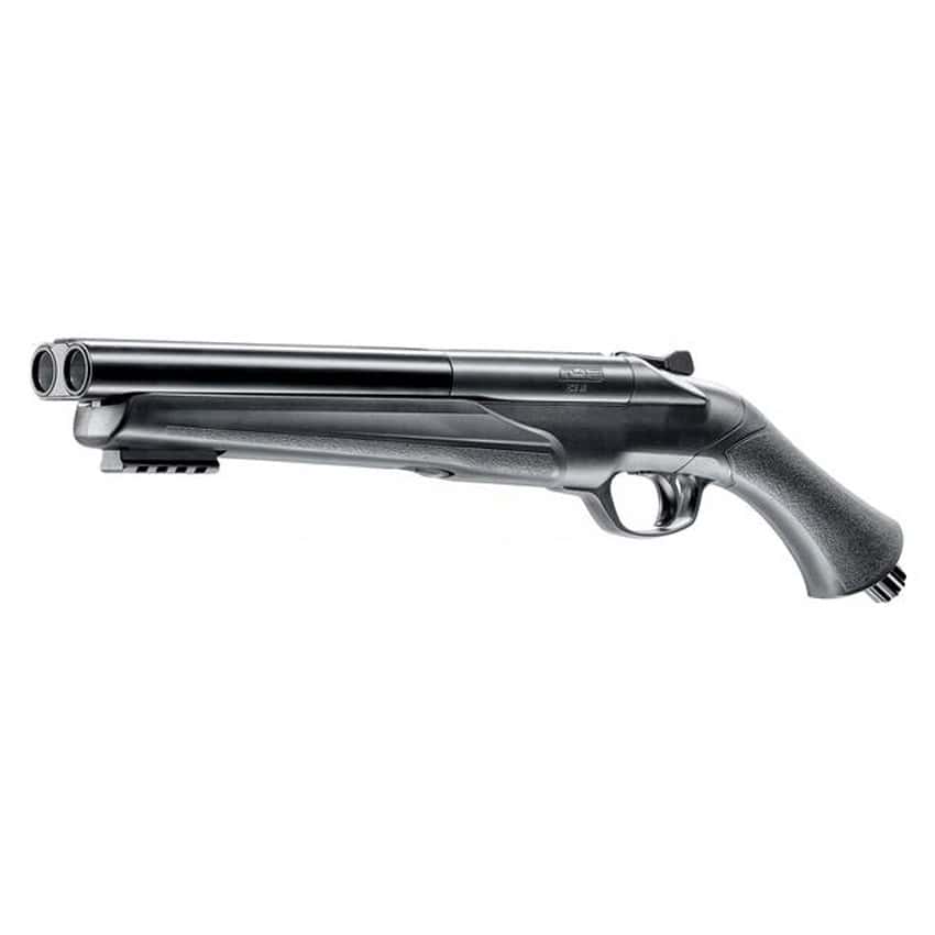 Double barrel paintball gun for realistic gameplay, premium paintball products with high accuracy and durability, ideal for competitive paintball and recreational sports, black air-powered paintball pistol.
