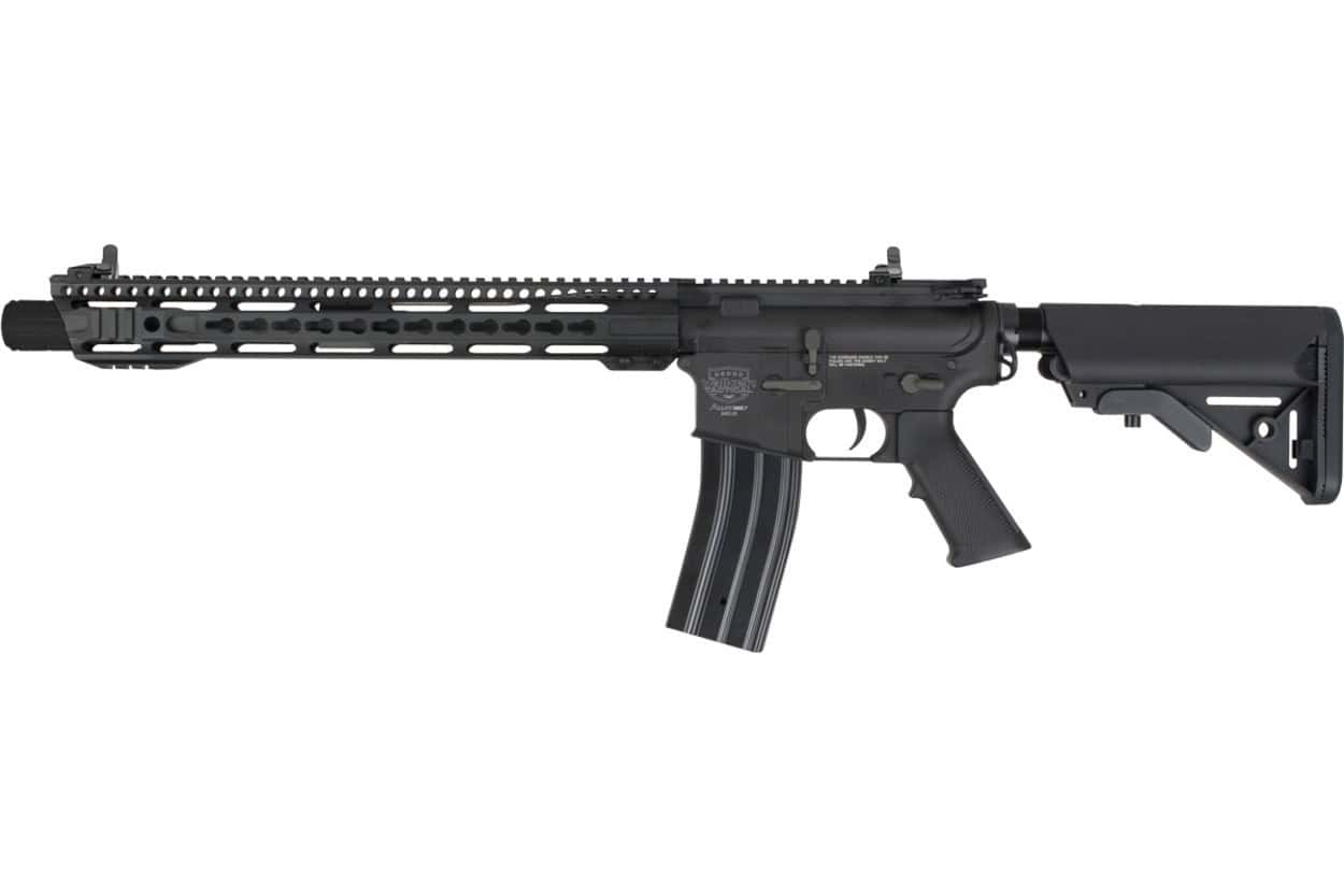AR-15 style tactical airsoft gun, black rifle with adjustable stock and quad rail handguard for accessories, premium paintball products.
