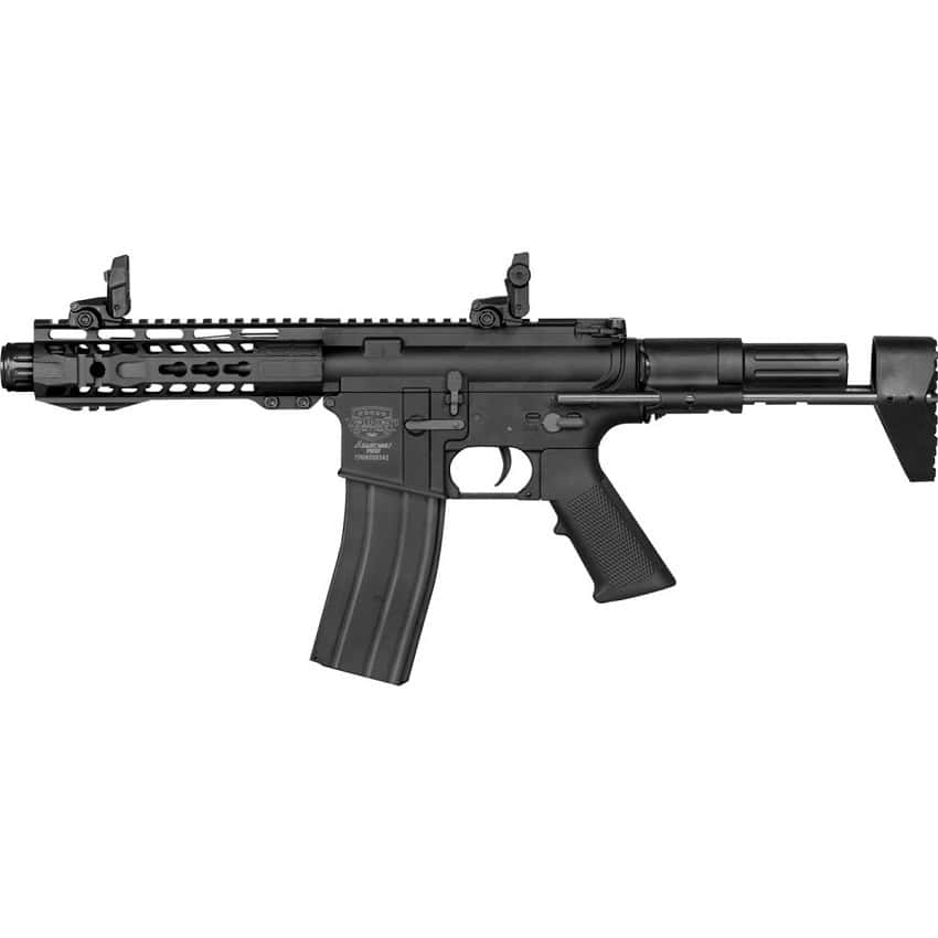 Black tactical paintball gun with scope and adjustable stock for professional paintball gameplay.