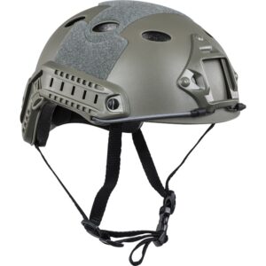 Lightweight tactical paintball helmet with adjustable straps and mounting options, offering maximum protection and comfort for professional paintball players. Perfect for competitive and recreational paintball games.