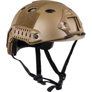 Combat helmet with tan finish, tactical gear, adjustable straps, and mounting rails for paintball accessories for premium paintball equipment and gear safety.