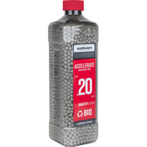 White paintball ammunition container for airsoft and paintball games, with Valken Accelerate 0.20g bio rounds, 5000 count, high-quality equipment, and eco-friendly design.