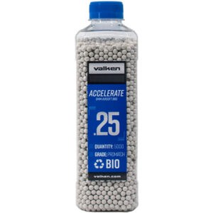 Valken Accelerate .25 caliber bio airsoft BBs in a 5000-count plastic bottle for high-performance paintball and airsoft gameplay.