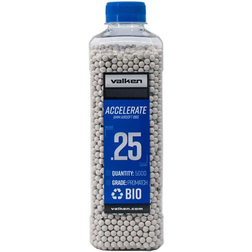 Valken Accelerate .25 caliber bio airsoft BBs in a 5000-count plastic bottle for high-performance paintball and airsoft gameplay.
