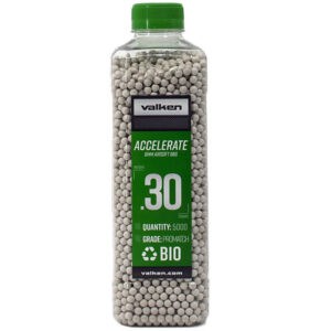 Valken Accelerate 6mm Airsoft BBs in a clear plastic bottle with green cap, high-quality biodegradable pellets for premium paintball and airsoft gameplay.