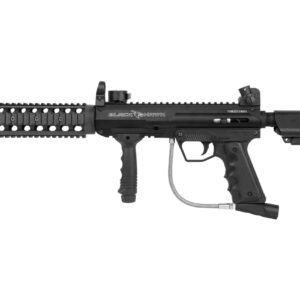 Black paintball sniper rifle with tactical rail and adjustable stock for professional paintball games.