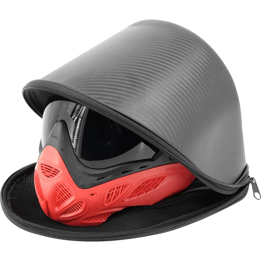 Carbon fiber paintball helmet with protective mask and carrying case for paintball games.