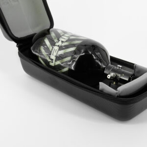 Compressed air paintball tank with regulator inside protective carrying case for paintball enthusiasts and scenario players, high-quality equipment from premium paintball products.